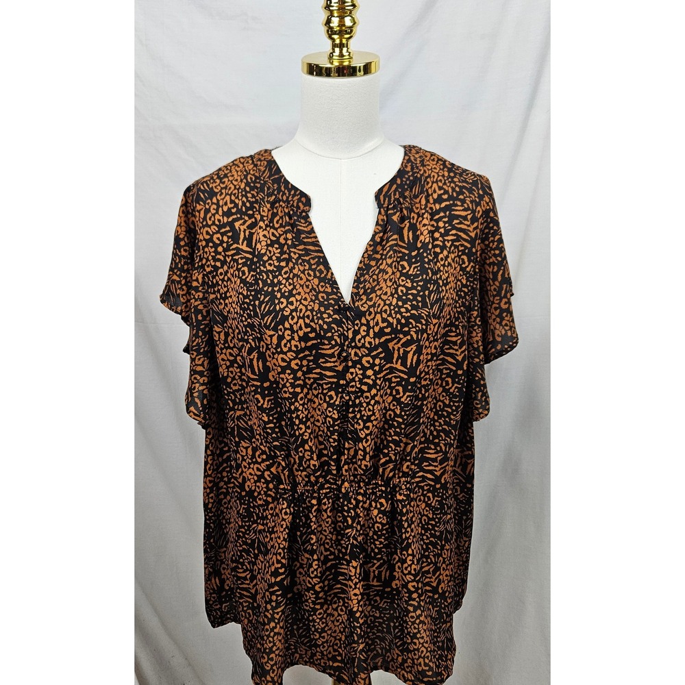 Massini Womens Animal Print Blouse Cognac Orange Black Elastic Waist Peplum 1X
